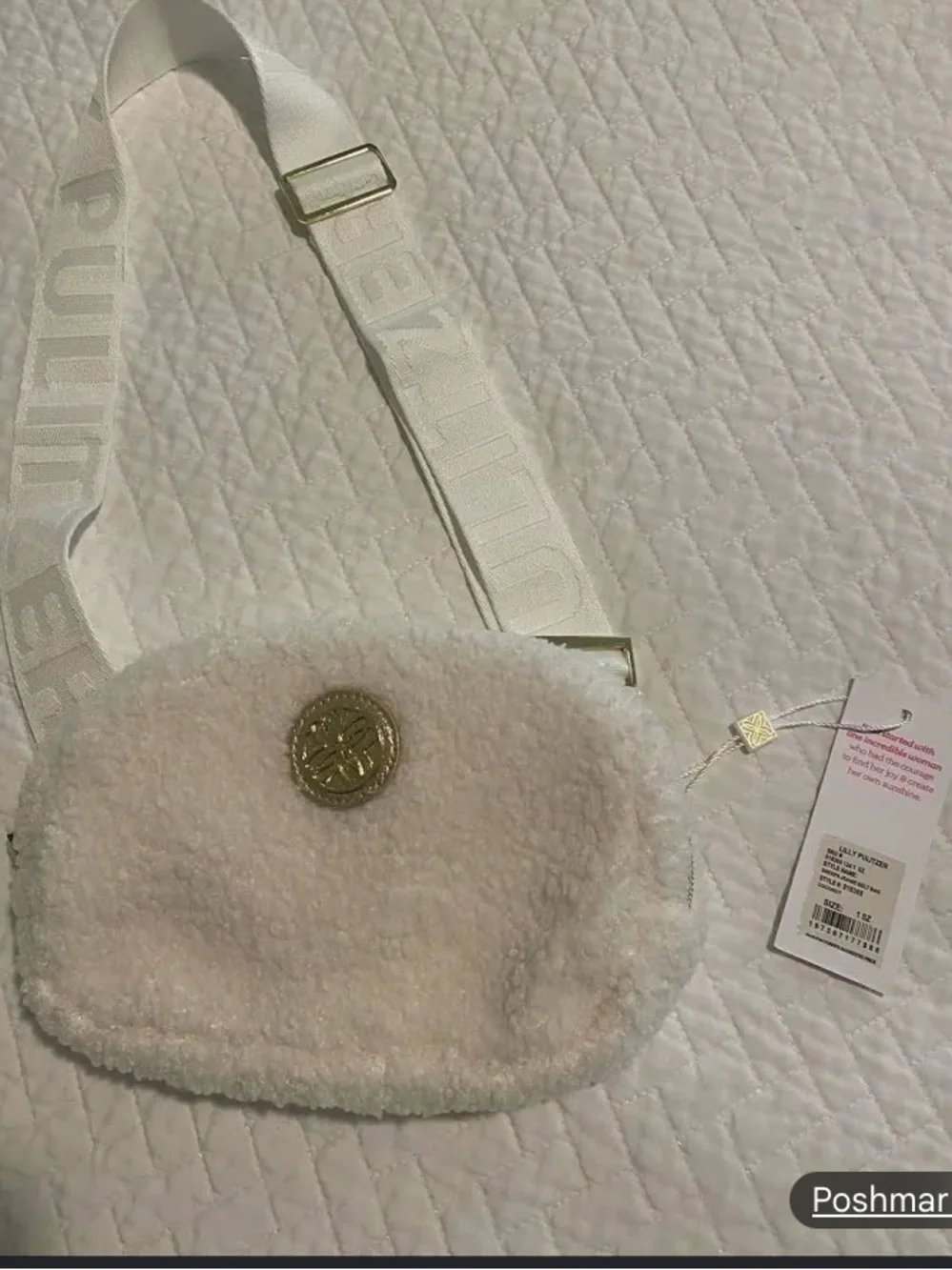 Lilly Pulitzer White Sherpa Crossbody Belt Bag with Gold Accent